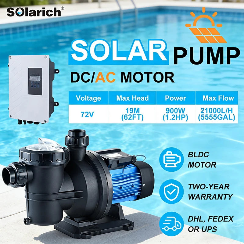 AC/DC Solar Pool Pump 72V 1.3HP High Flow Brushless Motor