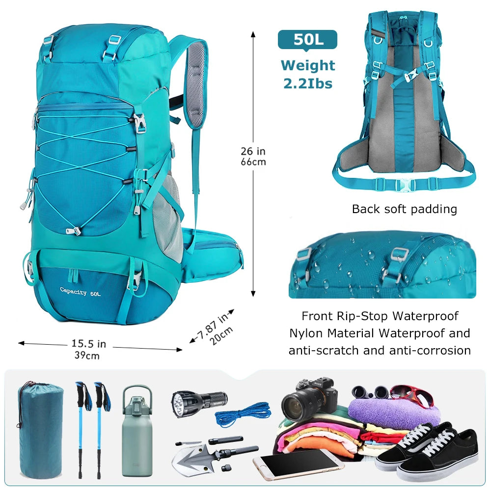 50L Hiking Backpack With Rain Cover For Camping Travel