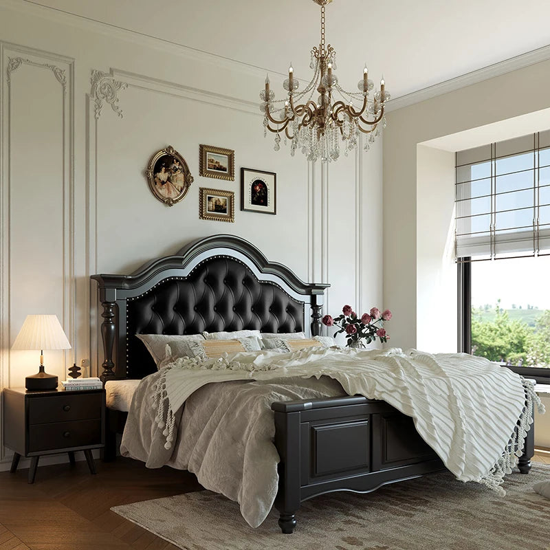 European Solid Wood Platform Bed With Soft Upholstered Headboard