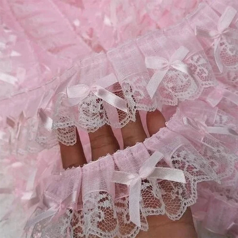 Pink Ruffled Bow Embroidery Lace Trim 1 Yard