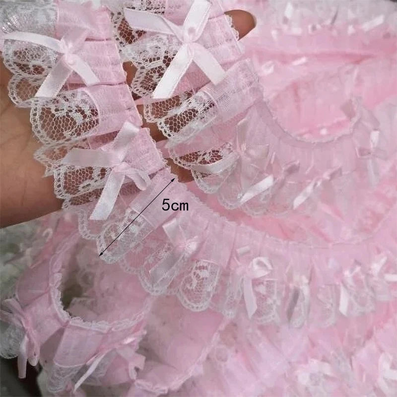 Pink Ruffled Bow Embroidery Lace Trim 1 Yard