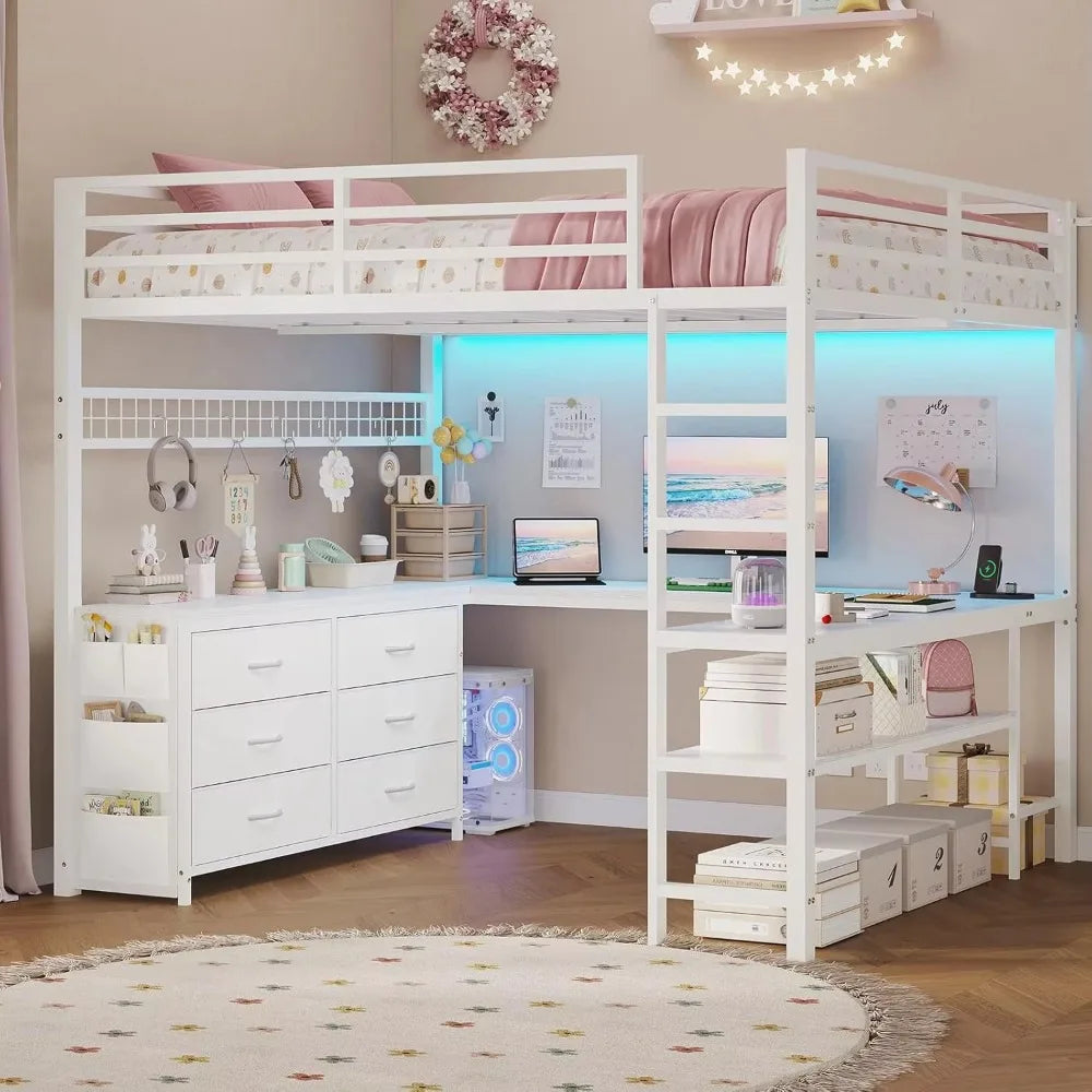 Metal Loft Bed With Staircase And L-Shaped Study Desk