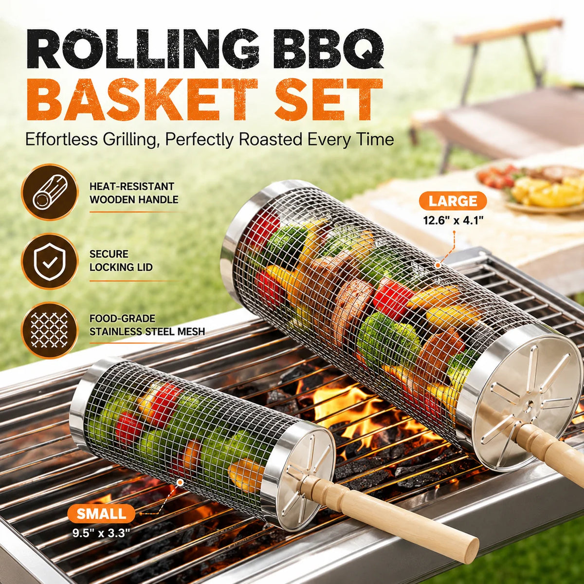 Stainless Steel Rolling Grill Baskets Set With Wooden Handle