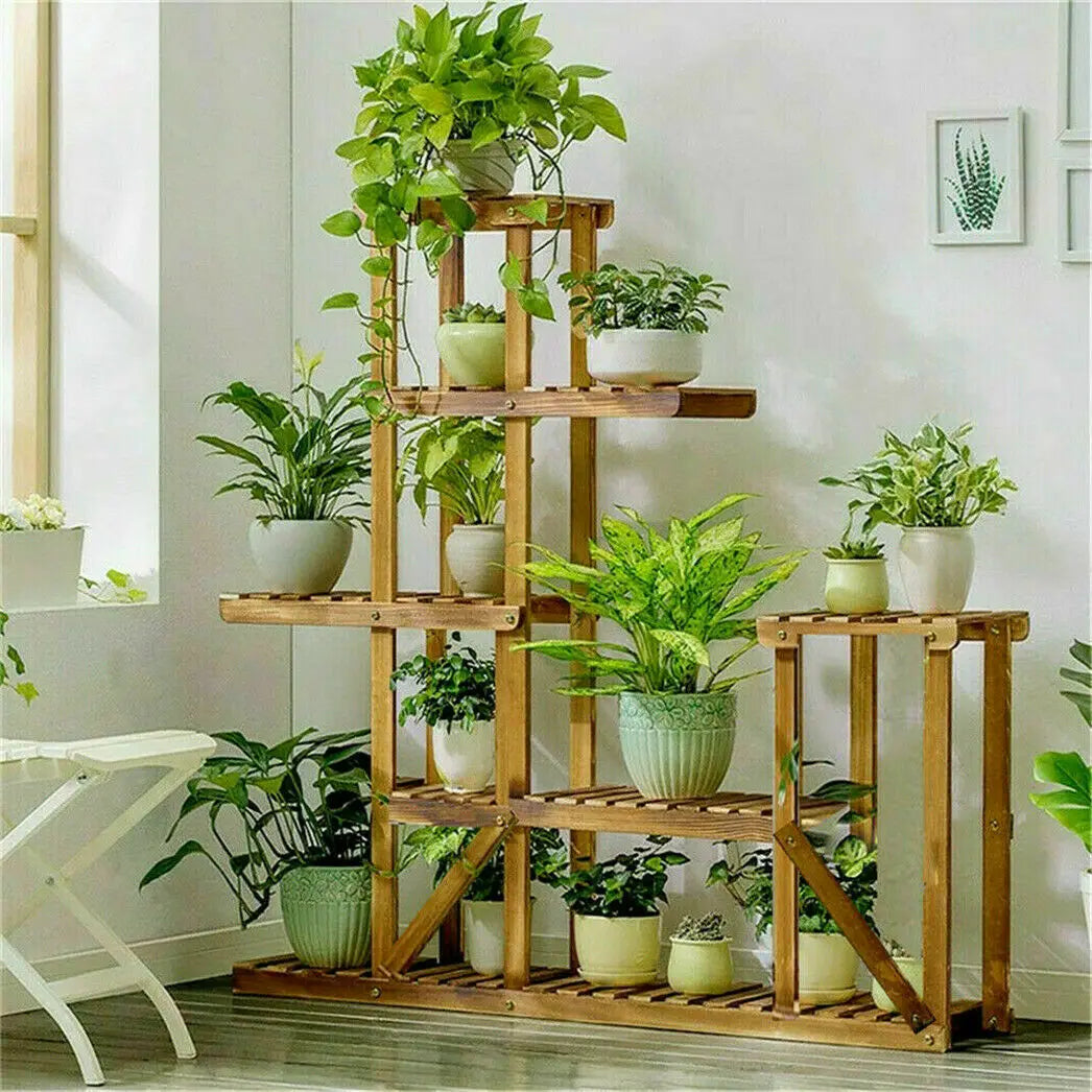 Khaki Color 6-Tier Wooden Plant Stand Shelf for Indoor and Outdoor Use