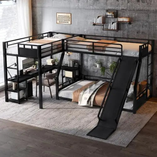 Black Shelves Color L-Shaped Triple Bunk Bed with Slide, Desk & USB Ports