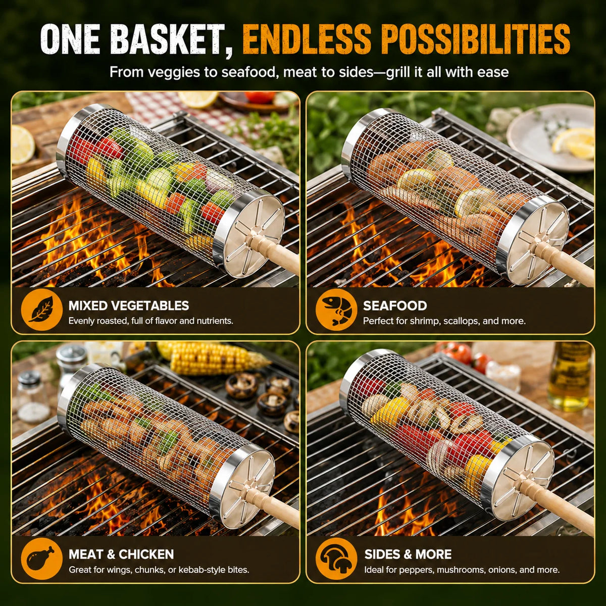 Stainless Steel Rolling Grill Baskets Set With Wooden Handle