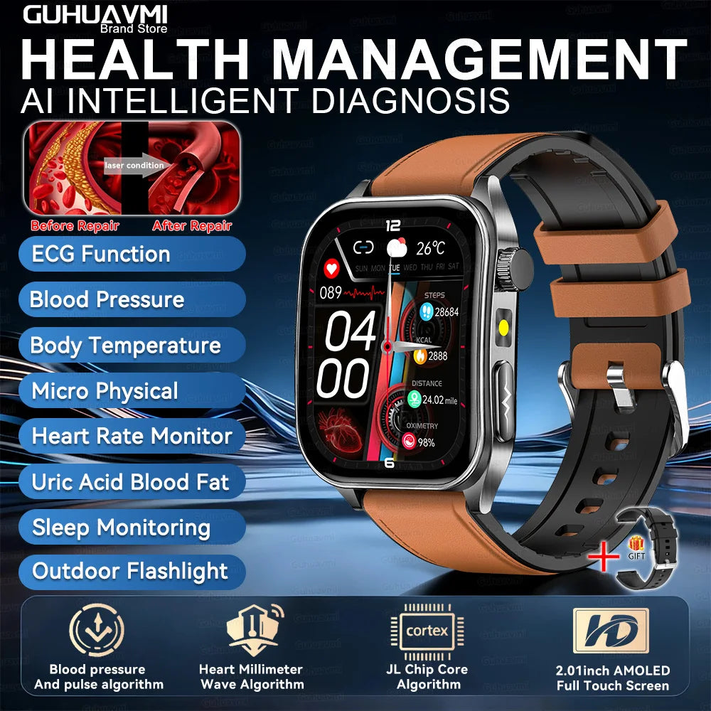 Brown Leather Color 650nm Laser Therapy Smartwatch With ECG PPG Health Tracking