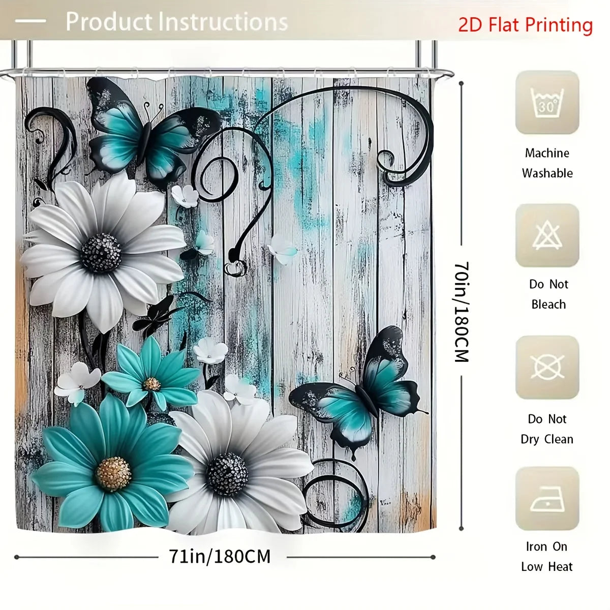 Teal Floral Butterfly Shower Curtain With 4-Piece Bath Mat Set