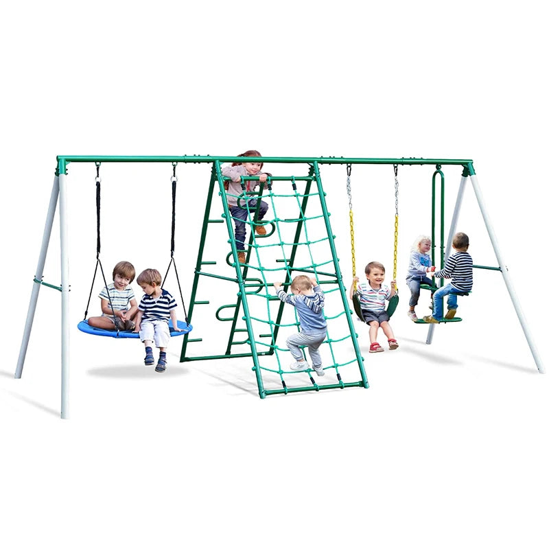 Outdoor Metal Swing Set With Ladder and Basketball Hoop