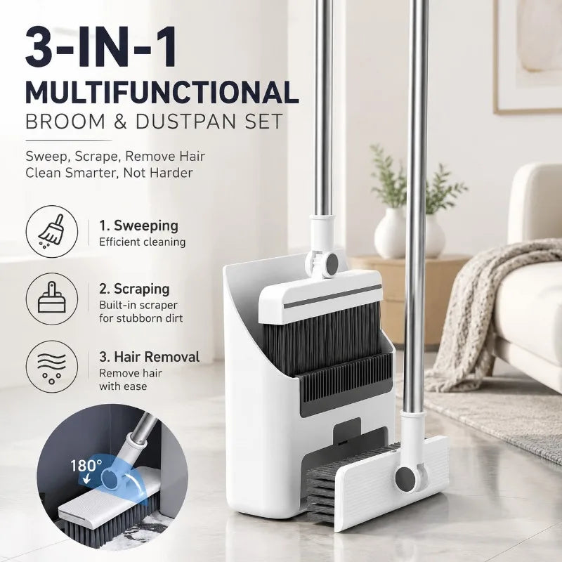 3-in-1 Broom and Dustpan Set with Rotating Head