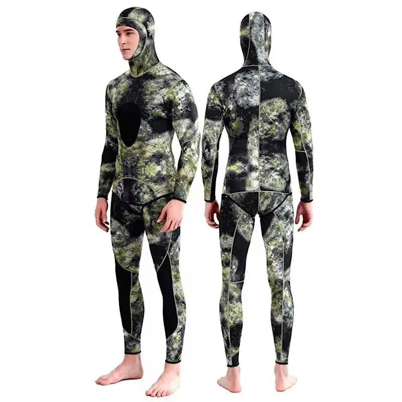 3MM Green Color Men’s 3mm Camouflage Wetsuit Set – Two-Piece Hooded Suit