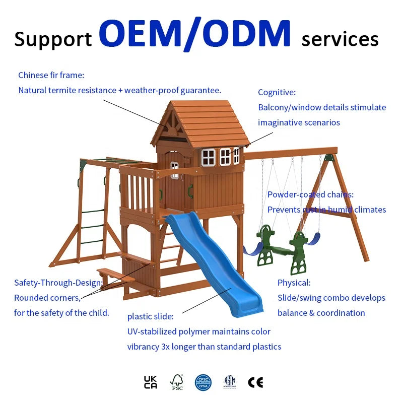 Outdoor Wooden Playground Swing Set With Monkey Bars