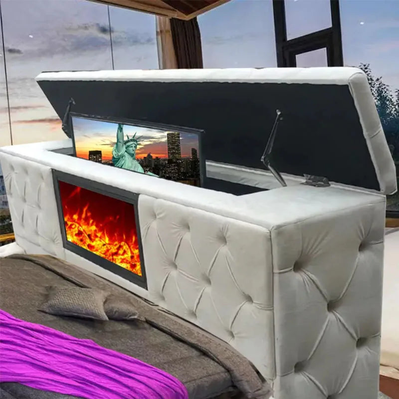 Modern Upholstered Storage Bed With TV Lift And Fireplace