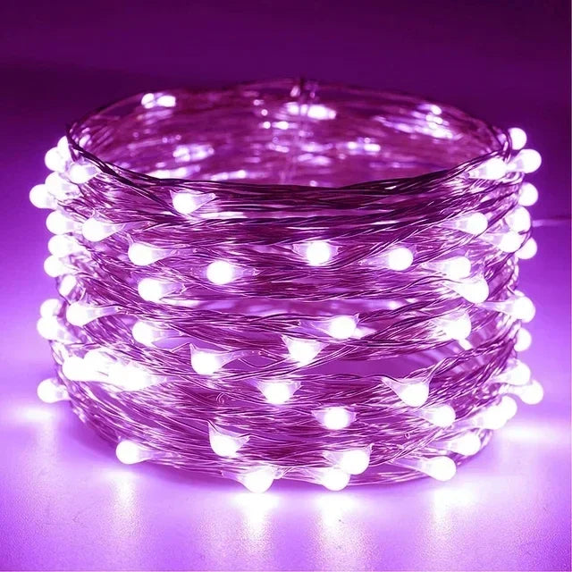 Purple Emitting Color Copper Wire LED Fairy String Lights – Battery Powered Decor