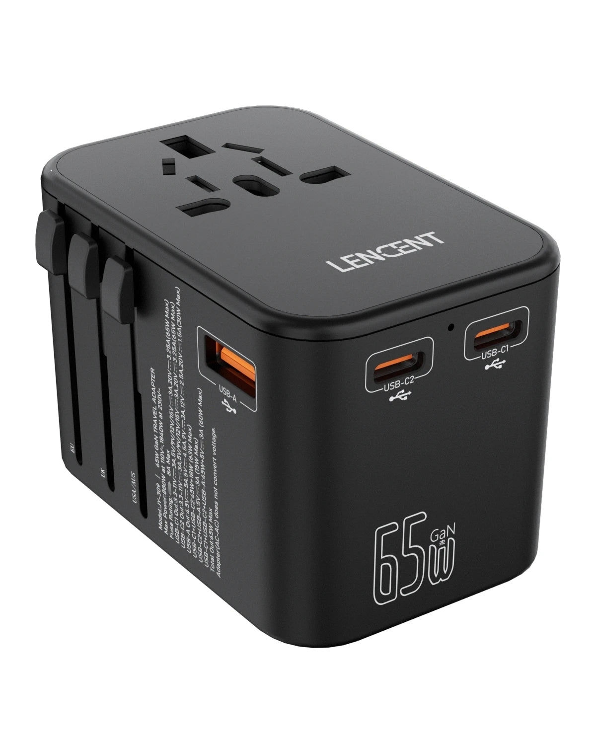 Black 65W GaN 1U2C Color 65W GaN International Travel Adapter with USB-C Fast Charge