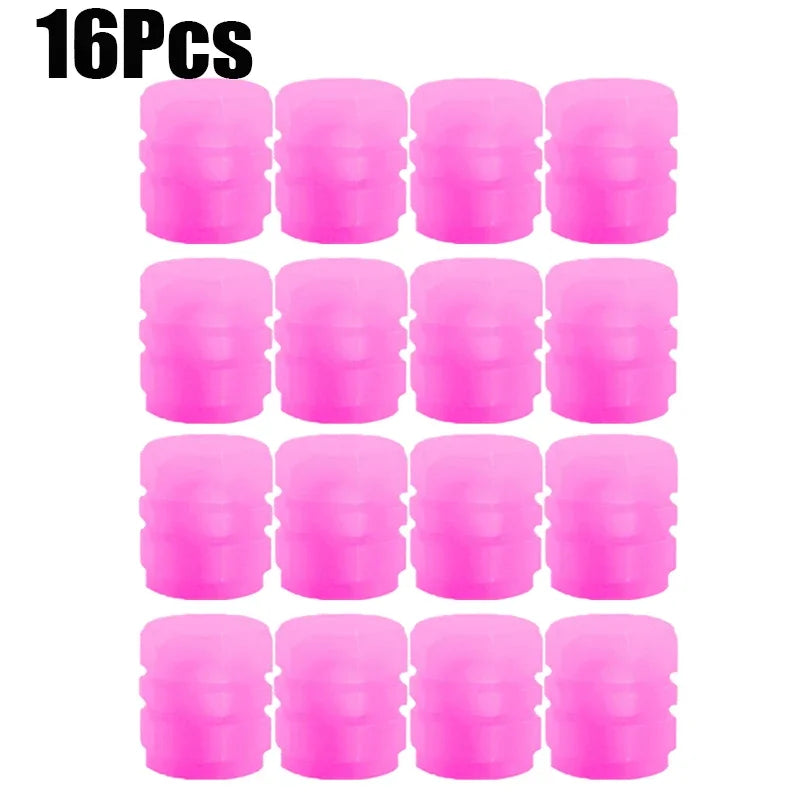 Pink 16pcs Color Luminous Tire Valve Caps For Car & Bike Wheels