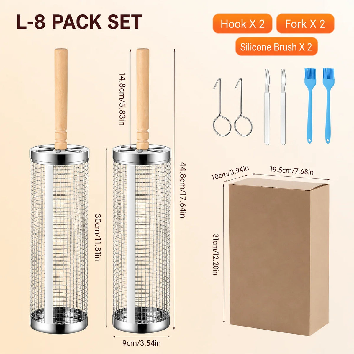 L-8 Pack Set Color Stainless Steel Rolling Grill Baskets Set With Wooden Handle