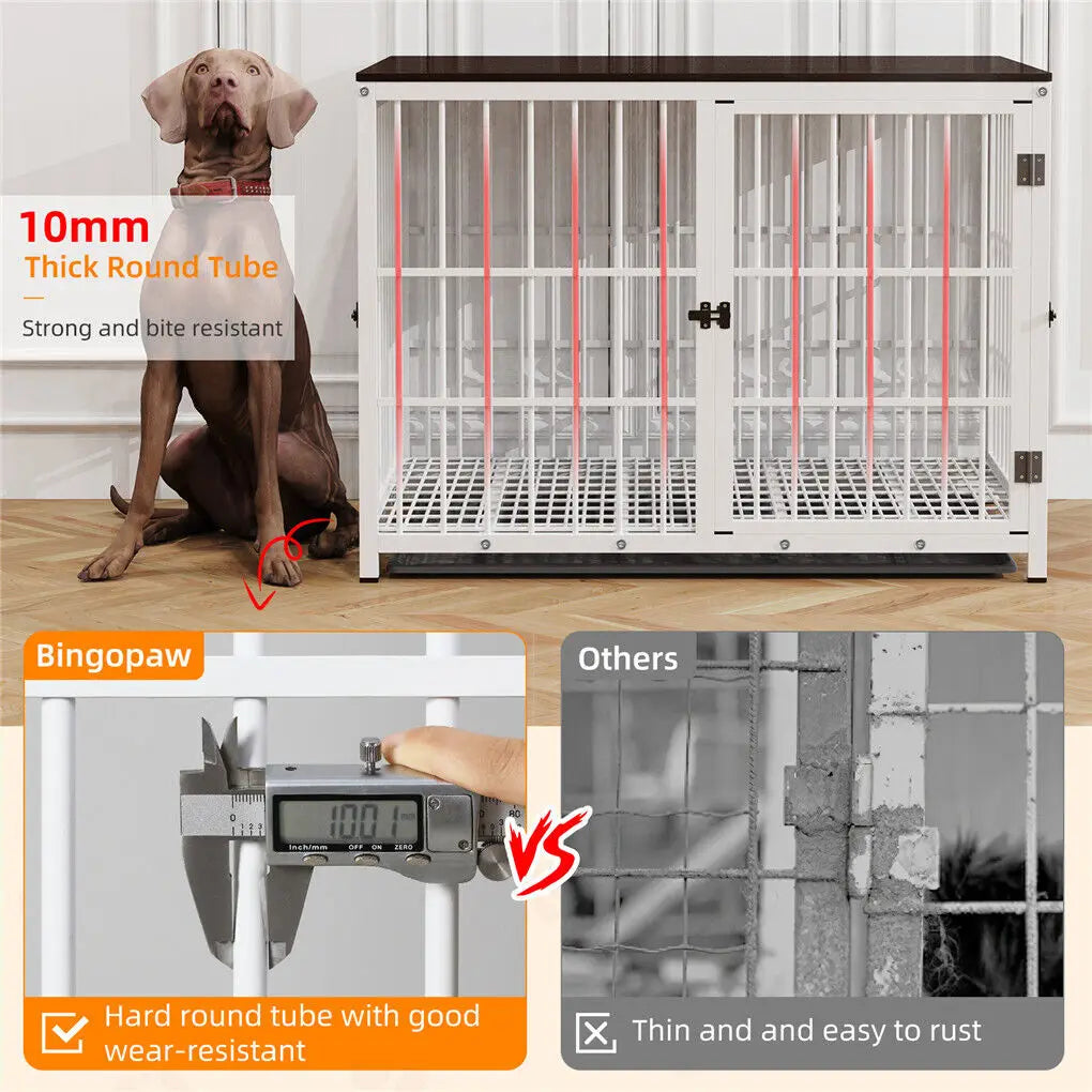 Wooden Dog Crate End Table with Metal Frame and Tray
