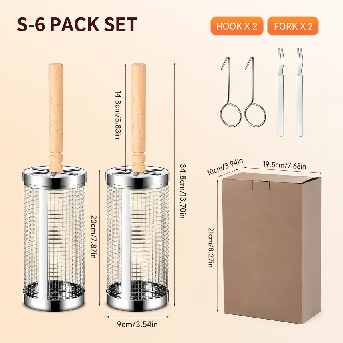S-6 Pack Set Color Stainless Steel Rolling Grill Baskets Set With Wooden Handle