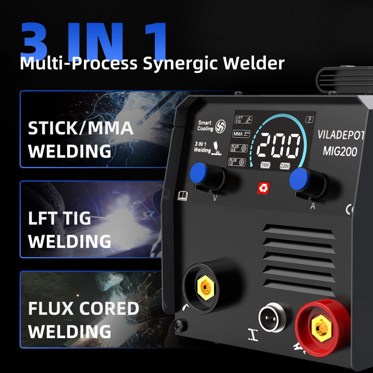 200A 3-in-1 MIG Welder Inverter – No-Gas MIG/MMA/TIG