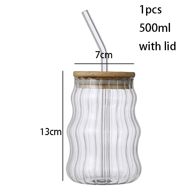 500ml stripe 1pcs Color High Borosilicate Glass Tumbler With Straw And Bamboo Lid