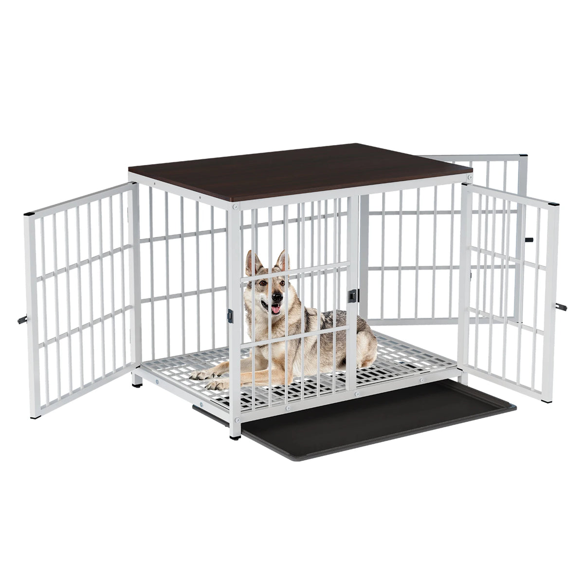 WHITE Color Wooden Dog Crate End Table with Metal Frame and Tray