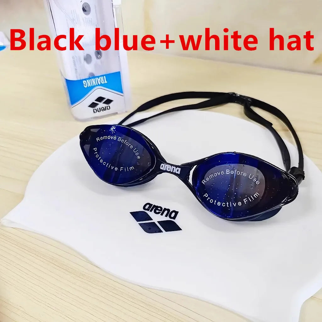 black blue-white hat Color Waterproof Anti-Fog Swimming Goggles and Cap Set