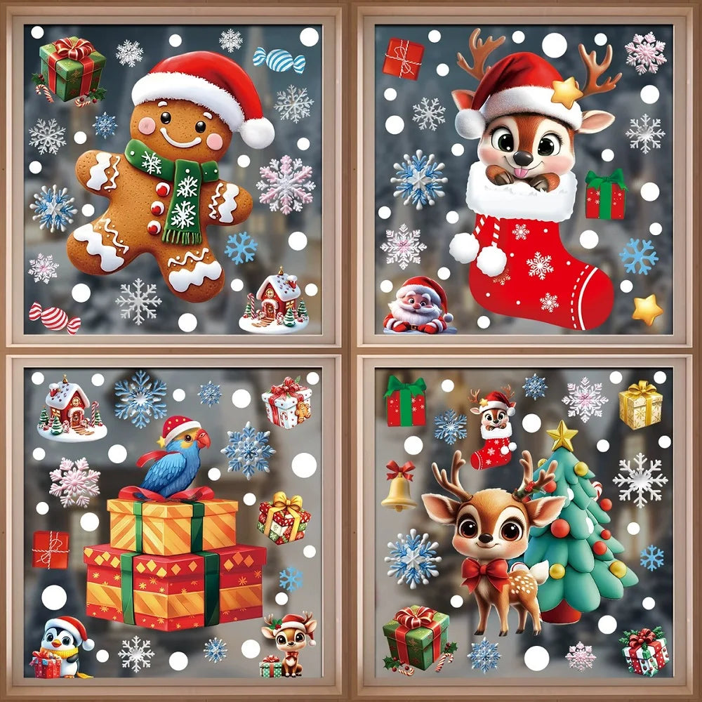 Style05-4pcs Color Christmas Window Clings Gingerbread Santa Snowman Decor
