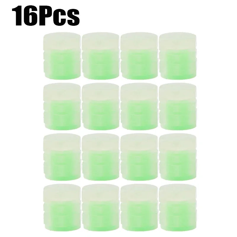 Green 16pcs Color Luminous Tire Valve Caps For Car & Bike Wheels