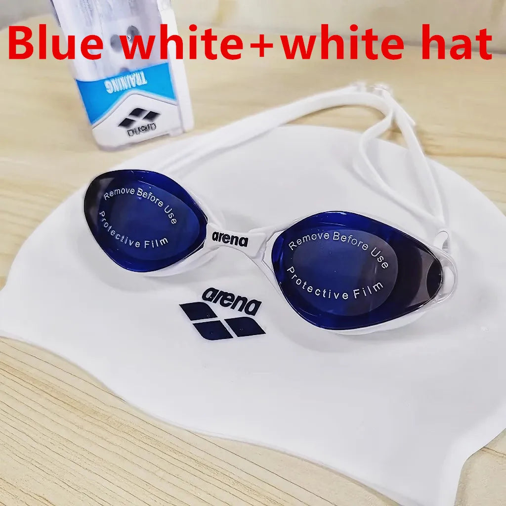 White Blue-white hat Color Waterproof Anti-Fog Swimming Goggles and Cap Set