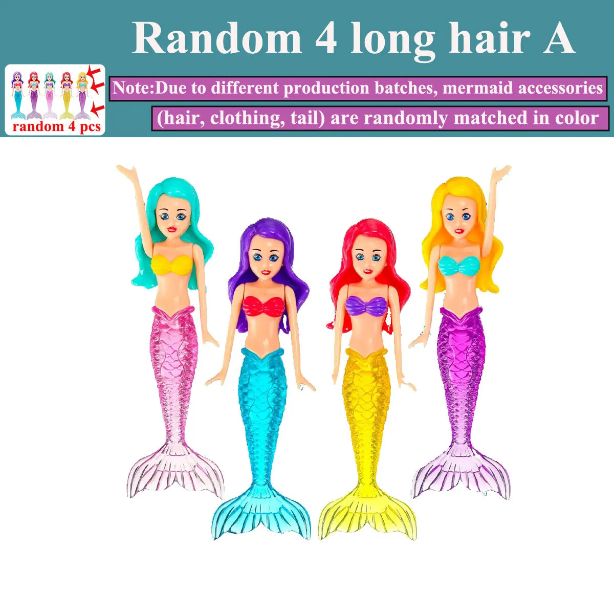 4 long hair T Color Mermaid Dive Pool Toys Set – Floating Bath Game for Kids