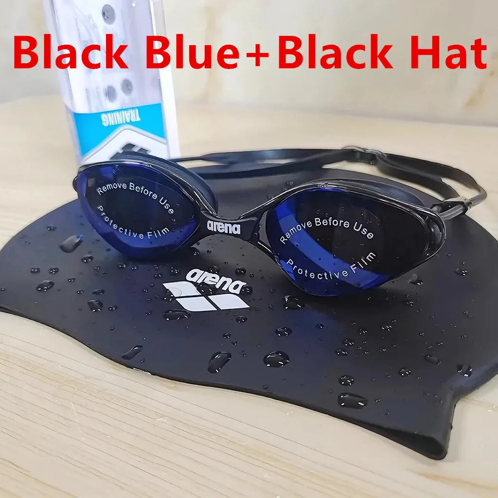 black blue-black hat Color Waterproof Anti-Fog Swimming Goggles and Cap Set