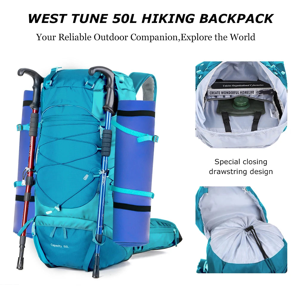 50L Hiking Backpack With Rain Cover For Camping Travel