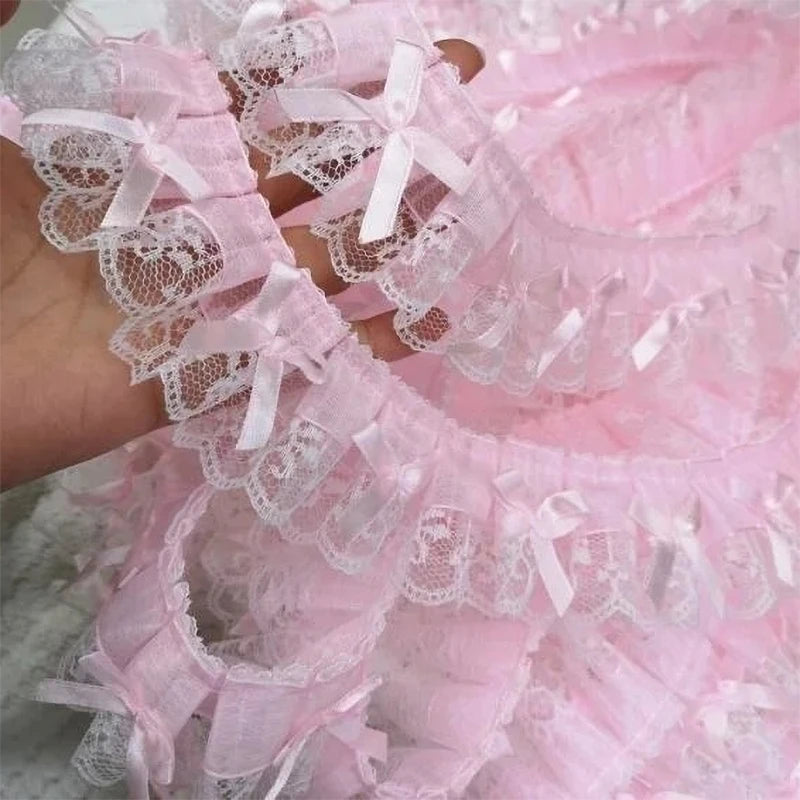 Pink Ruffled Bow Embroidery Lace Trim 1 Yard