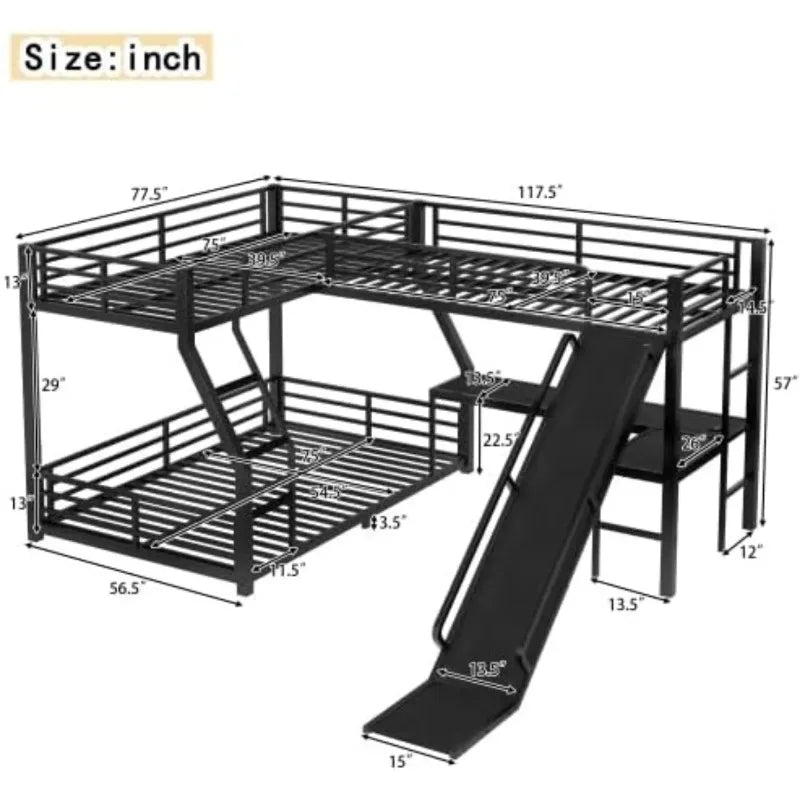 L-Shaped Triple Bunk Bed with Slide, Desk & USB Ports