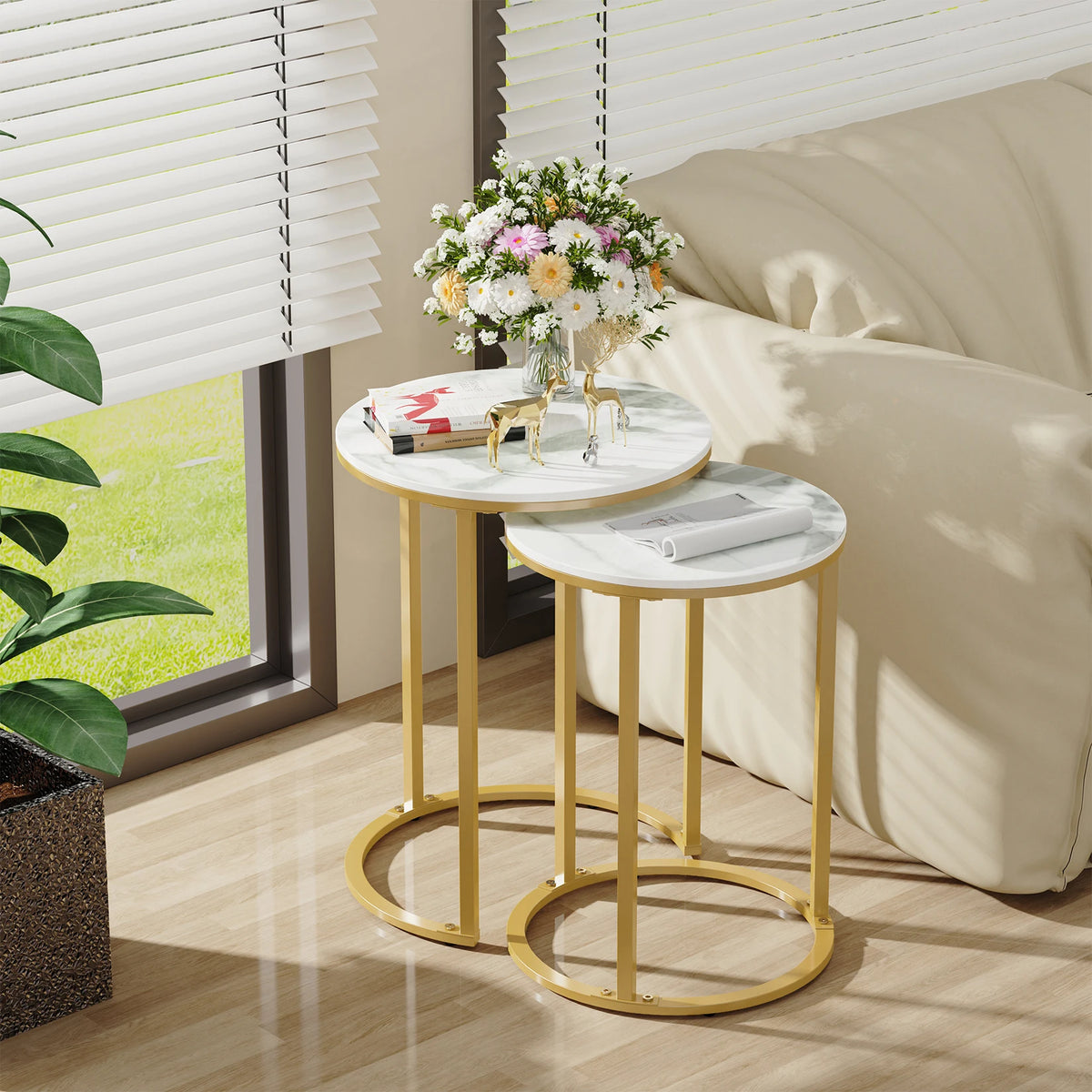 Gold Color Sintered Stone Nesting Side Tables With Gold Metal Base