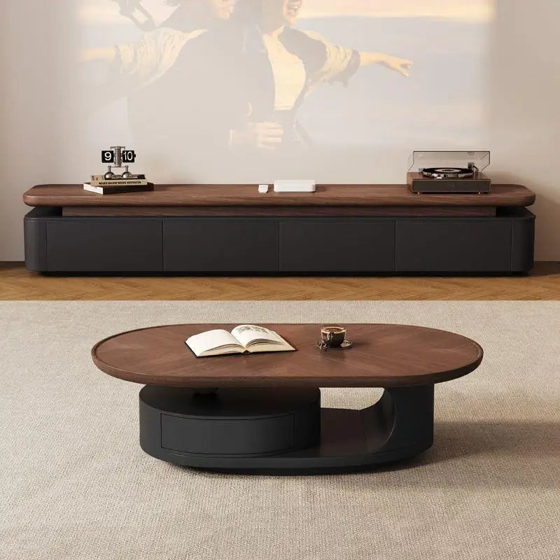 Modern Oval Coffee Table With Storage – Solid Wood & Marble