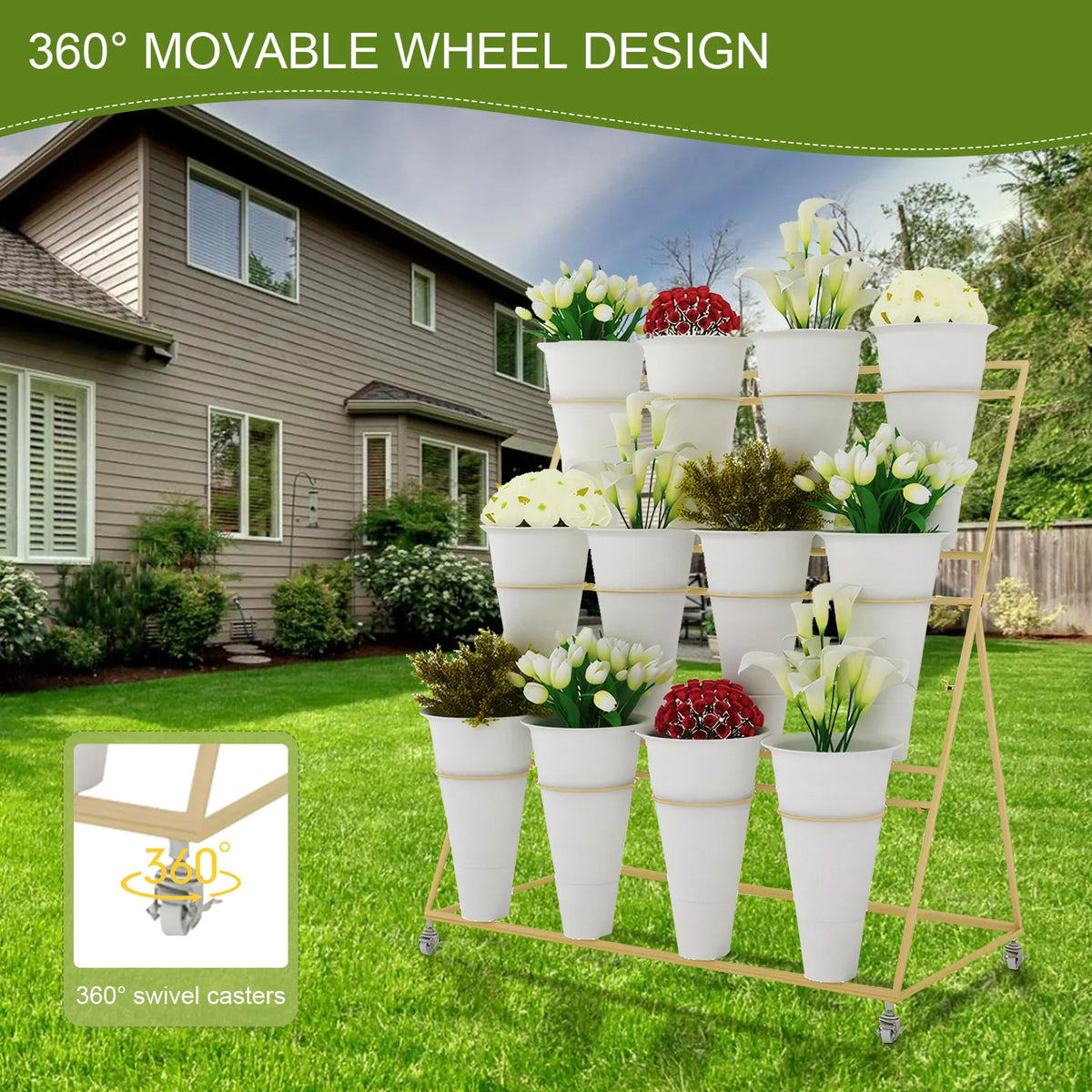 3-Tier Metal Flower Display Stand with Wheels