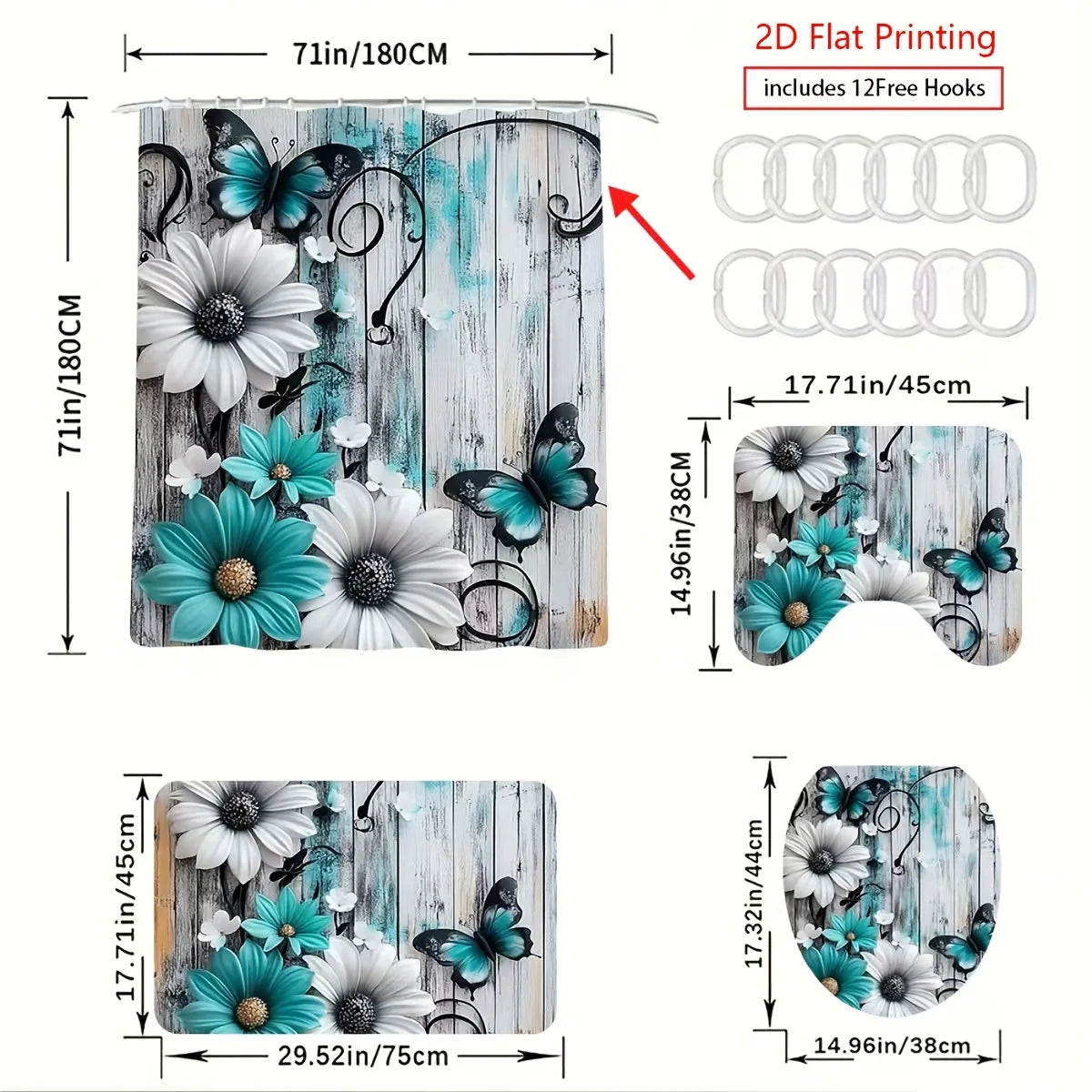 Teal Floral Butterfly Shower Curtain With 4-Piece Bath Mat Set
