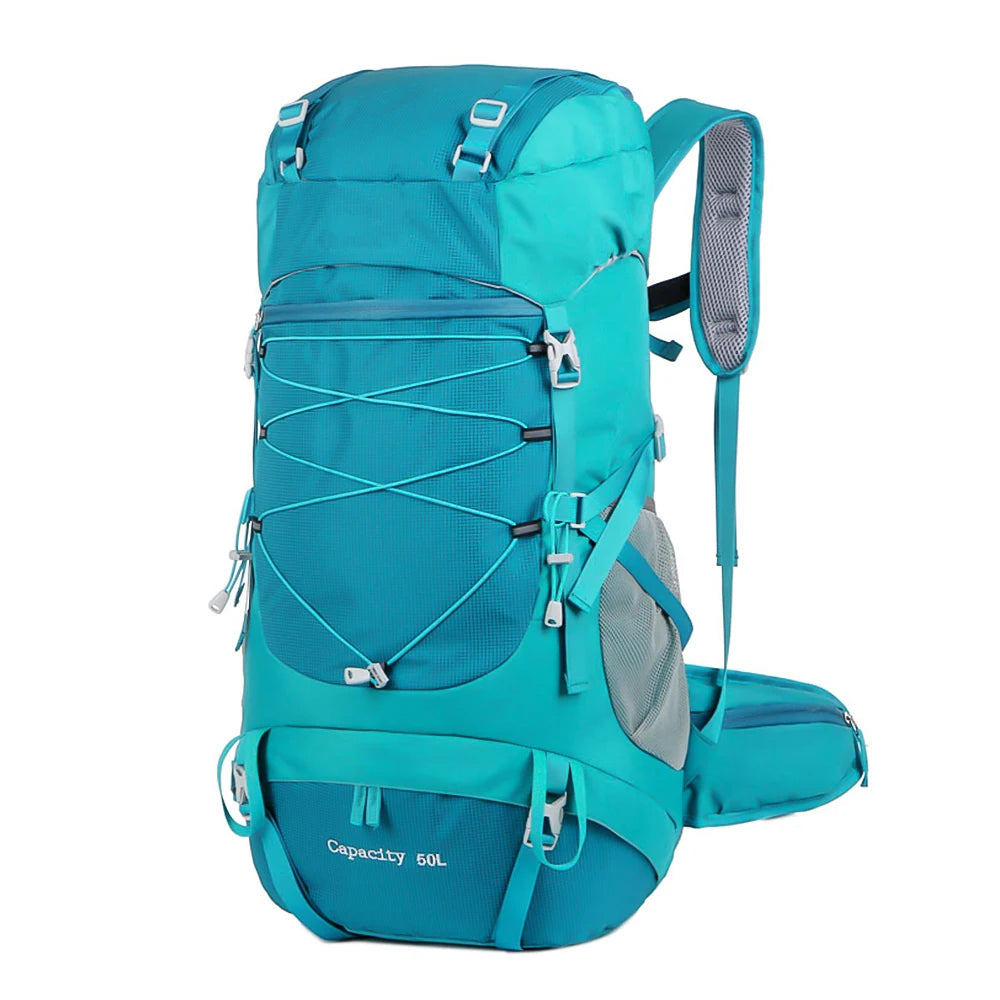 Lake Blue Color 50L Hiking Backpack With Rain Cover For Camping Travel