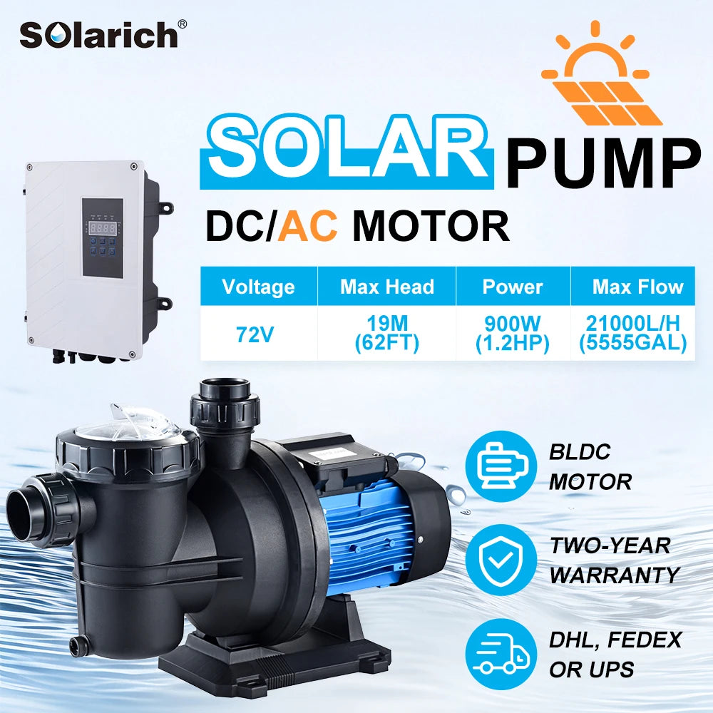 900W 21-19 Voltage AC/DC Solar Pool Pump 72V 1.3HP High Flow Brushless Motor