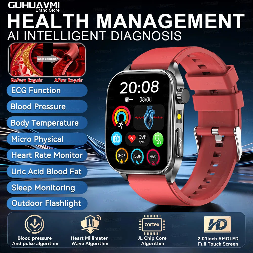 Red Color 650nm Laser Therapy Smartwatch With ECG PPG Health Tracking