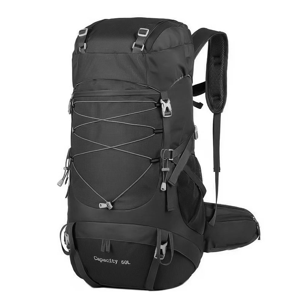 Black Color 50L Hiking Backpack With Rain Cover For Camping Travel