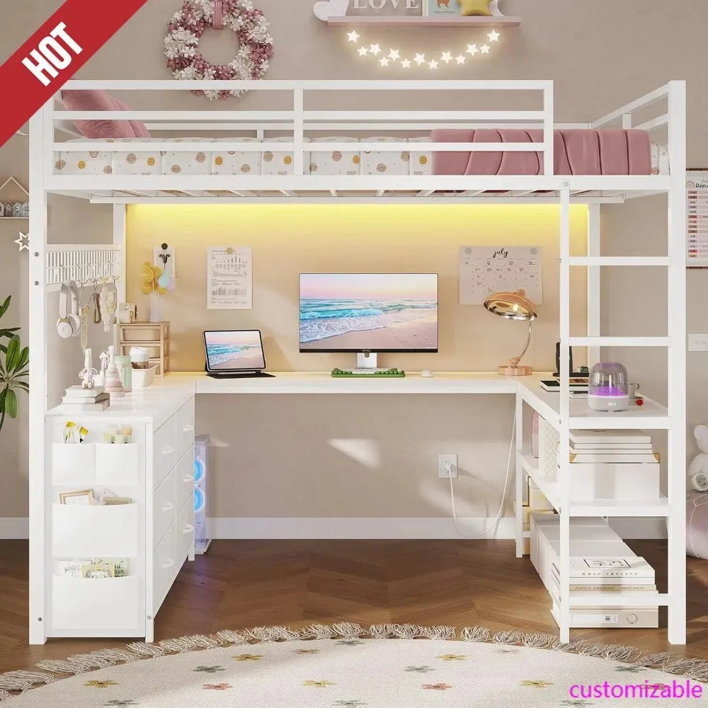 Metal Loft Bed With Staircase And L-Shaped Study Desk