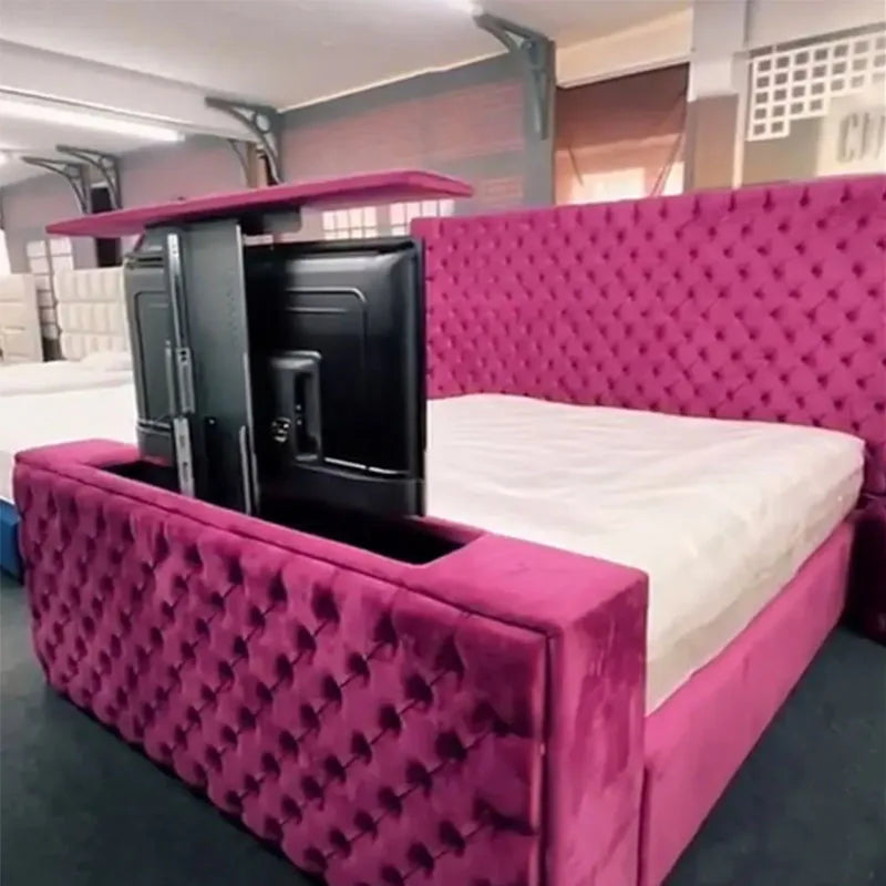 Modern Upholstered Storage Bed With TV Lift And Fireplace