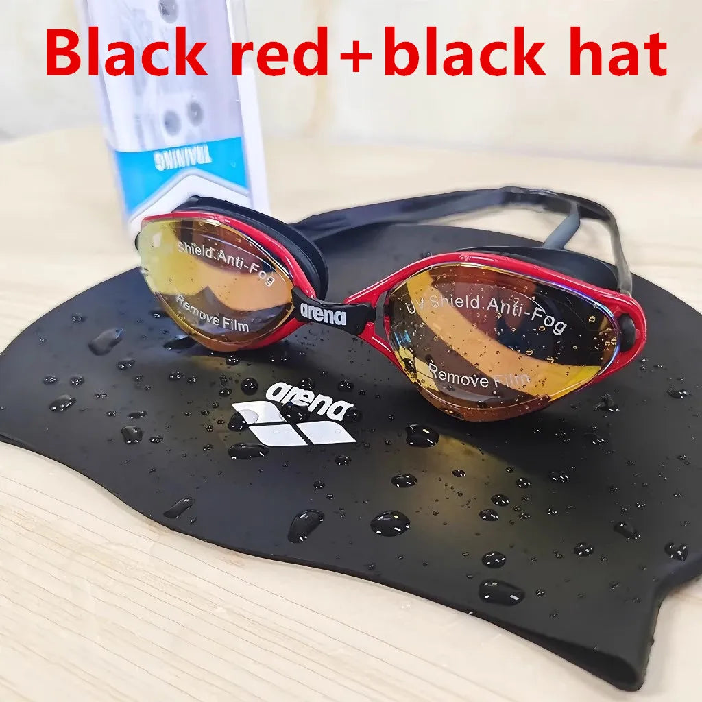 Black red-black hat Color Waterproof Anti-Fog Swimming Goggles and Cap Set