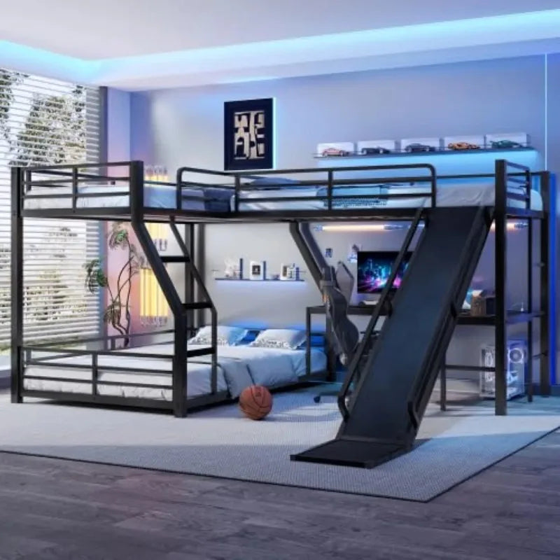 L-Shaped Triple Bunk Bed with Slide, Desk & USB Ports