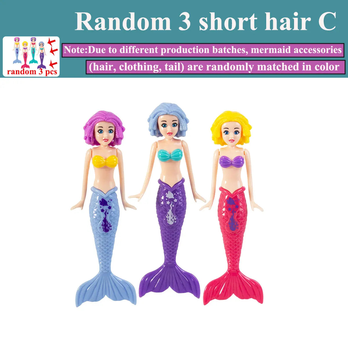 3 short hair B S Color Mermaid Dive Pool Toys Set – Floating Bath Game for Kids
