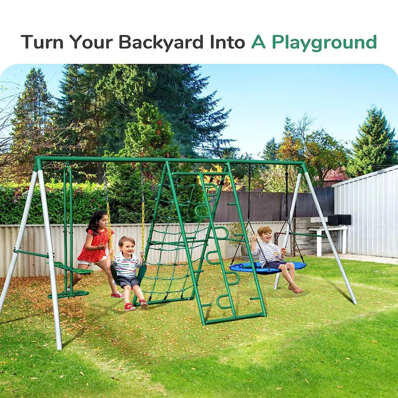 Outdoor Metal Swing Set With Ladder and Basketball Hoop