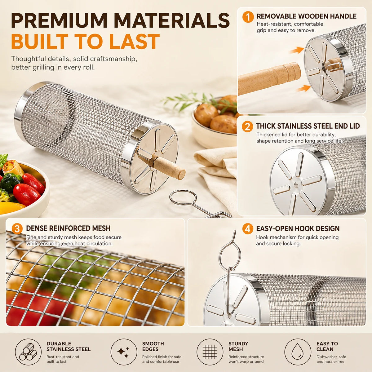 Stainless Steel Rolling Grill Baskets Set With Wooden Handle